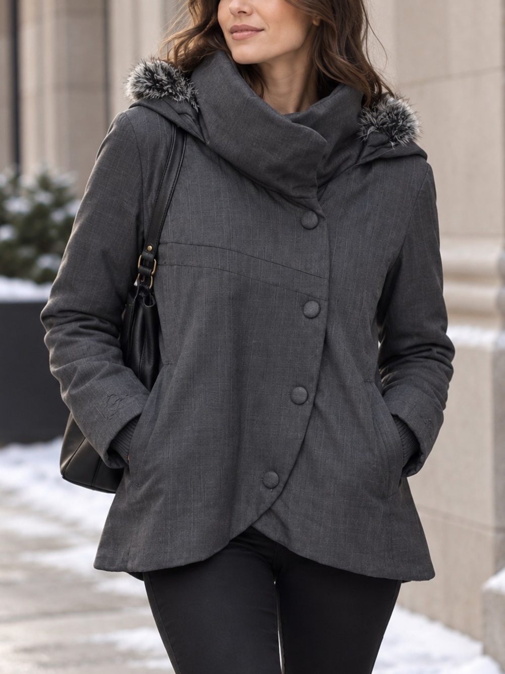 ORB Womens Hooded Winter Coat Charcoal Faux Fur Lined Utility Jacket M